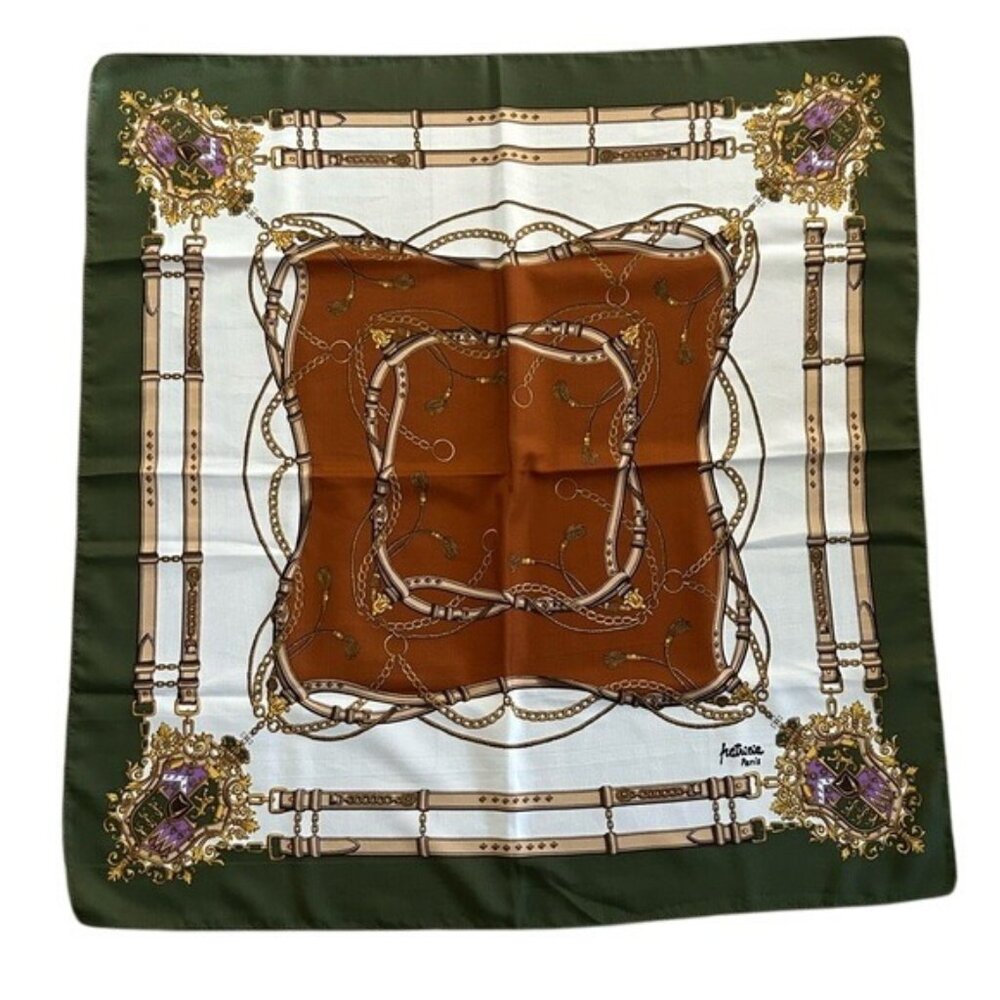 Patricia Paris Square Scarf 29x30” Green Brown Gold Buckles Ropes Chains Crest